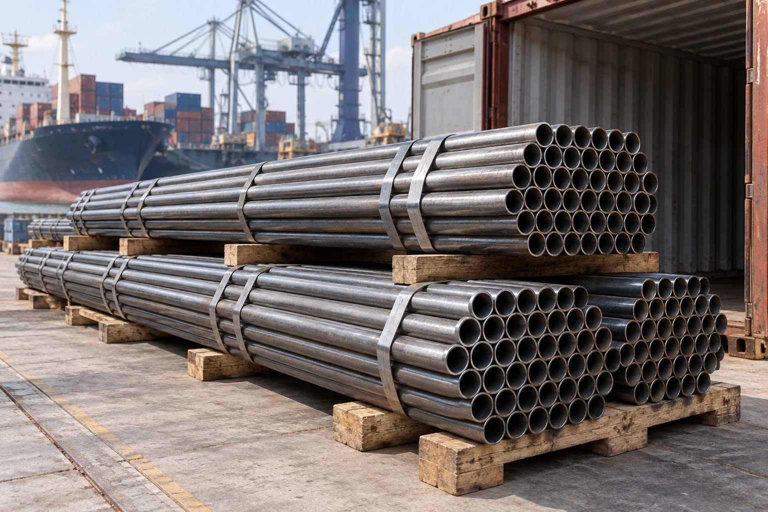 Steel pipe bundles securely packed on dunnage beside a shipping container at a generic maritime export terminal — illustrative image