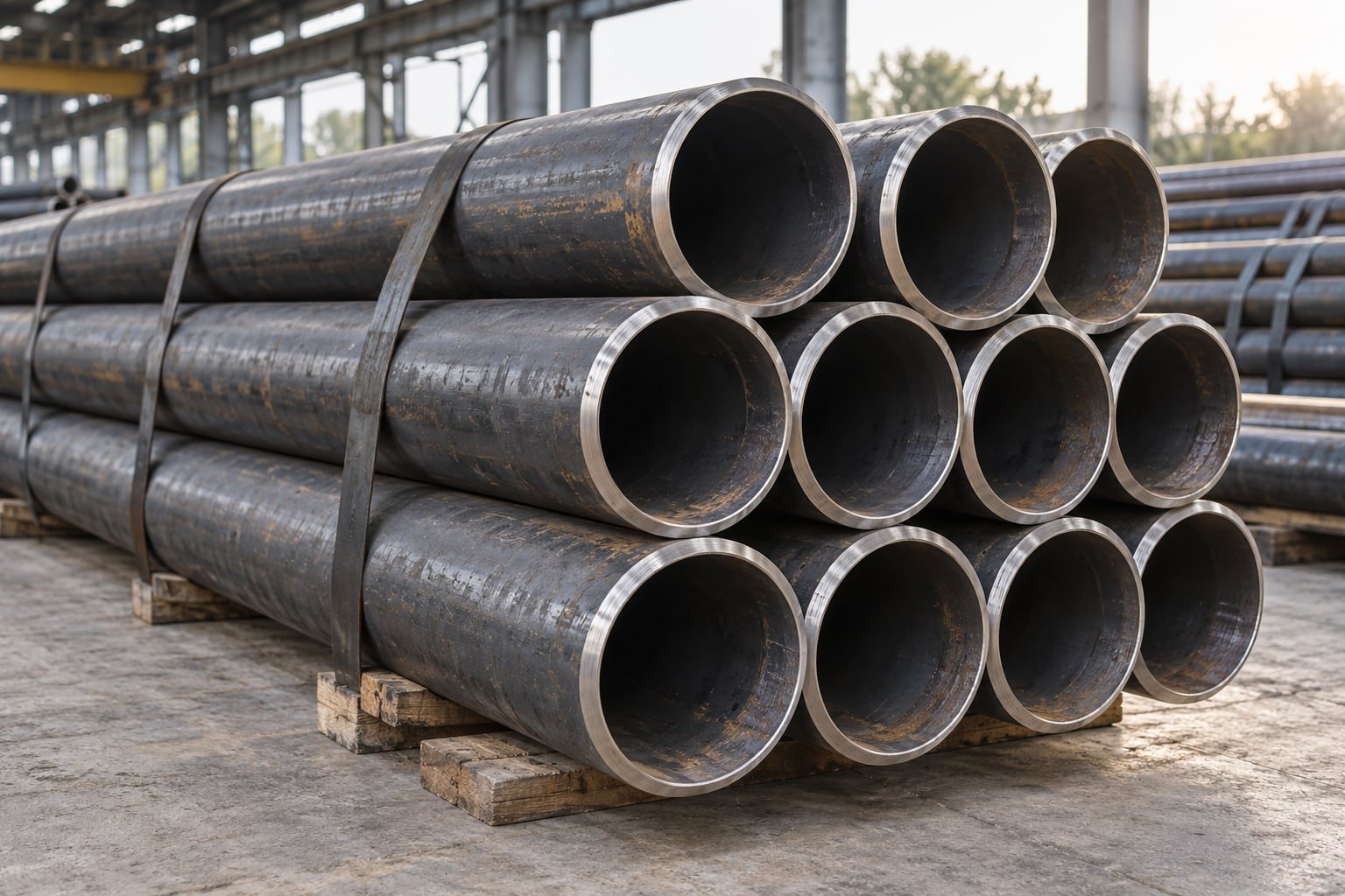 Unbranded dark alloy steel pipe with bevelled ends, subtle mill scale, neat supported bundles — illustrative image