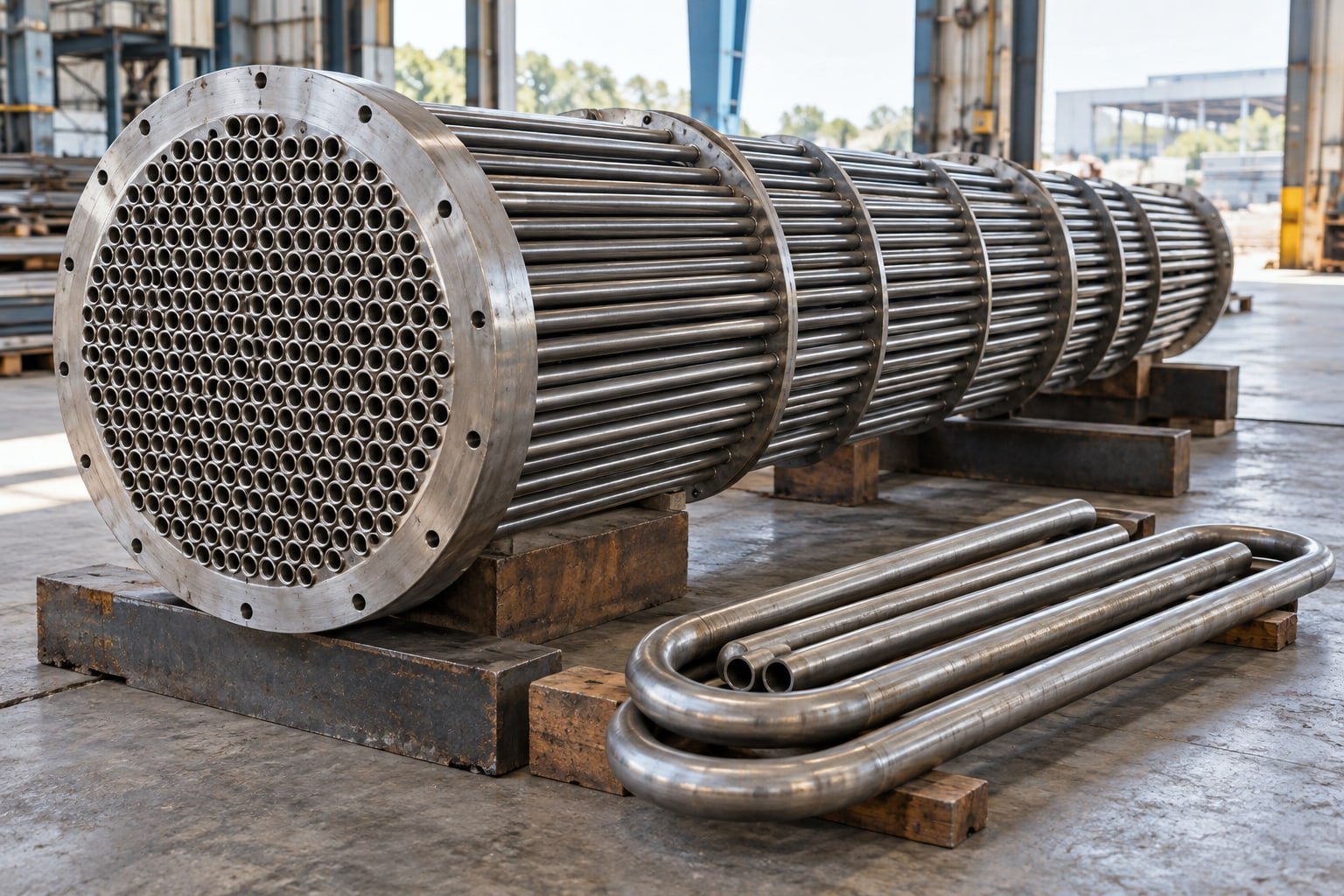 A realistic tube-sheet heat exchanger bundle with tightly aligned metal tubes and a few separate U-bend tubes beside it — illustrative image