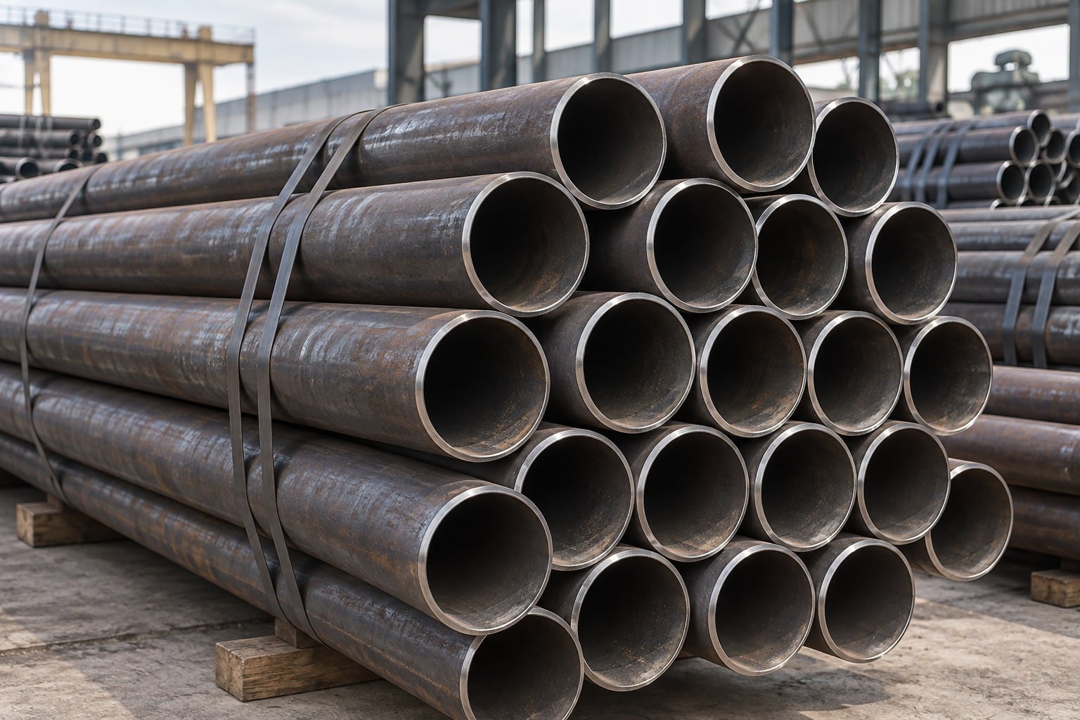 Dark carbon steel pipe bundles with open circular ends, real mill scale and bevelled ends — illustrative image