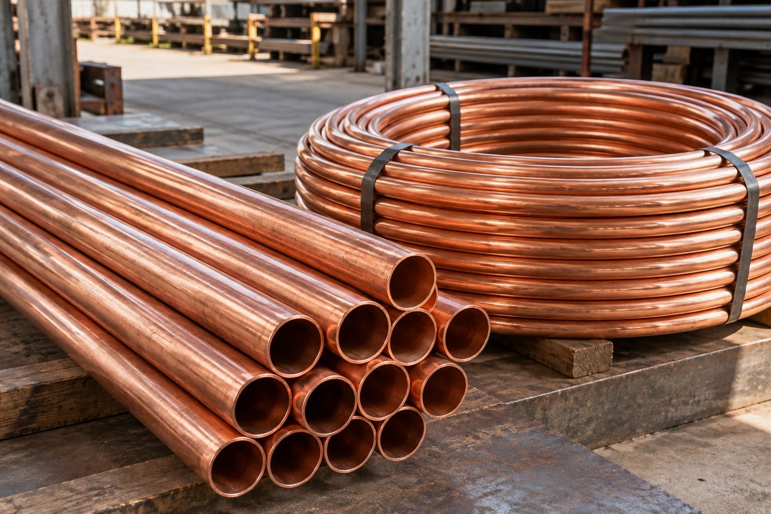 Straight reddish copper tubes and one neatly coiled copper tube with warm metallic patina — illustrative image