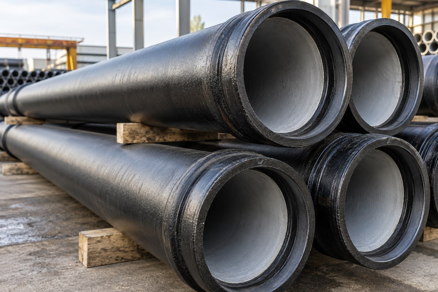 Black ductile iron water pipes with clearly formed bell-and-spigot socket ends and grey inner lining visible — illustrative image