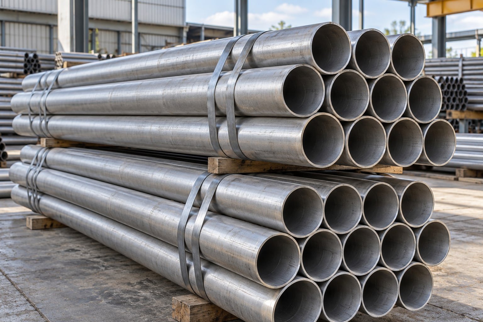 Unbranded satin silver duplex-type steel pipe bundles, round open ends, no grade markings or claimed visible grade identification — illustrative image