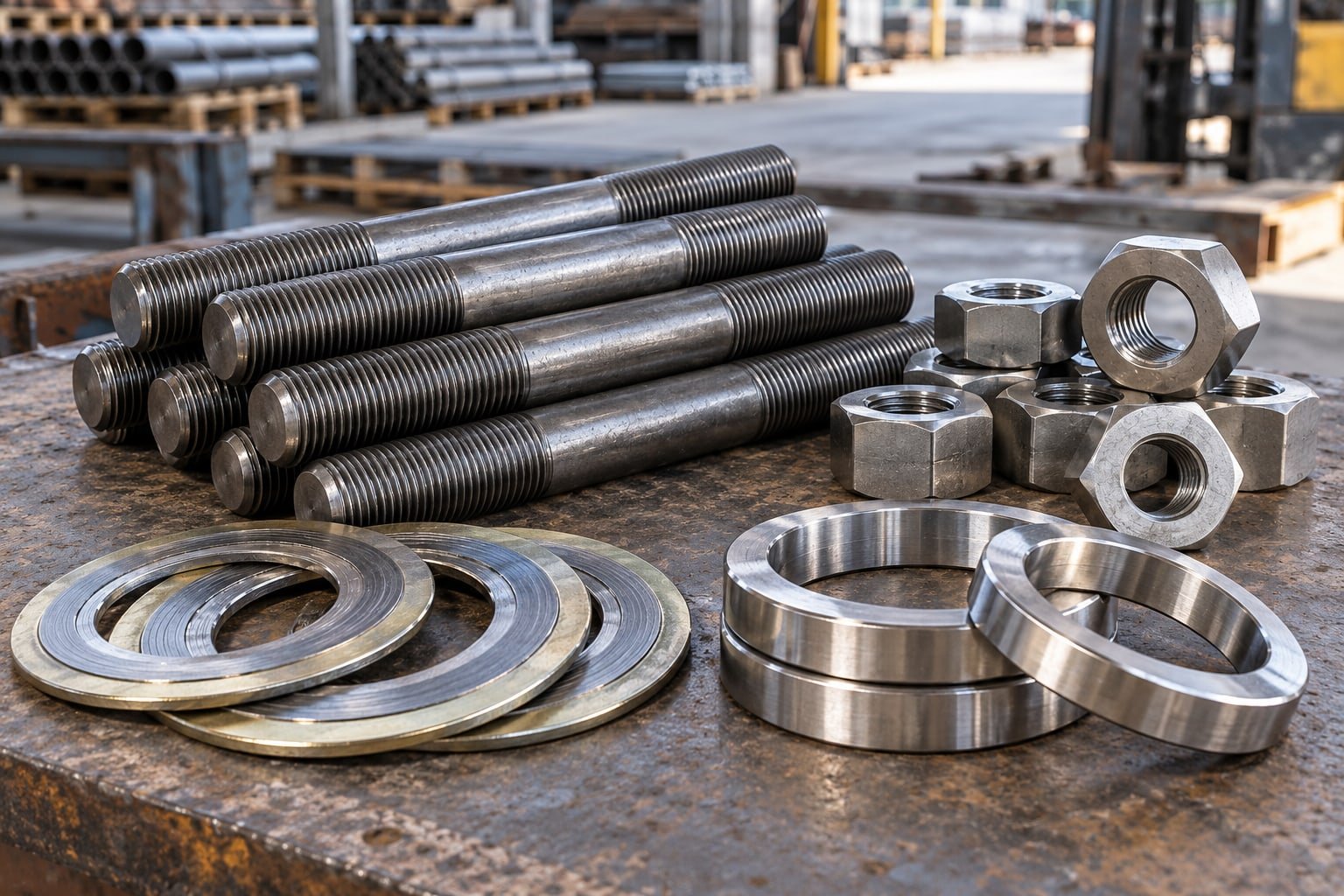 Steel stud bolts, hexagonal nuts, spiral-wound gaskets and metal ring-joint gaskets laid neatly on a workbench — illustrative image