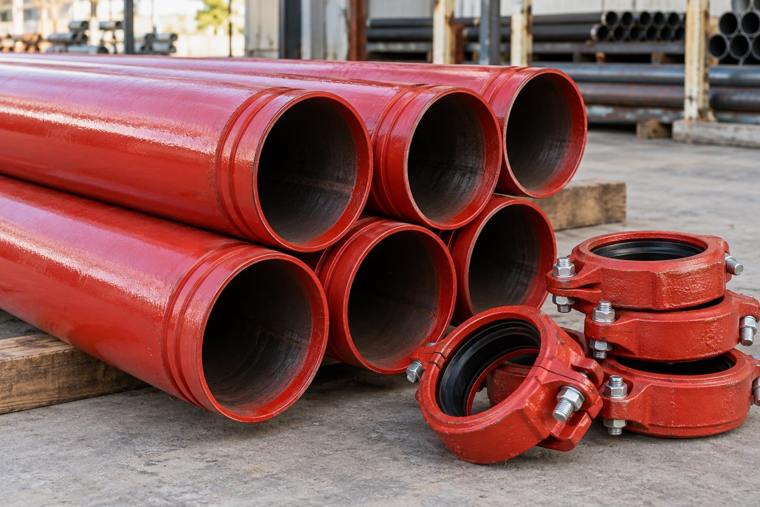 Red painted steel sprinkler pipes with clearly visible grooved ends beside separate grooved couplings — illustrative image