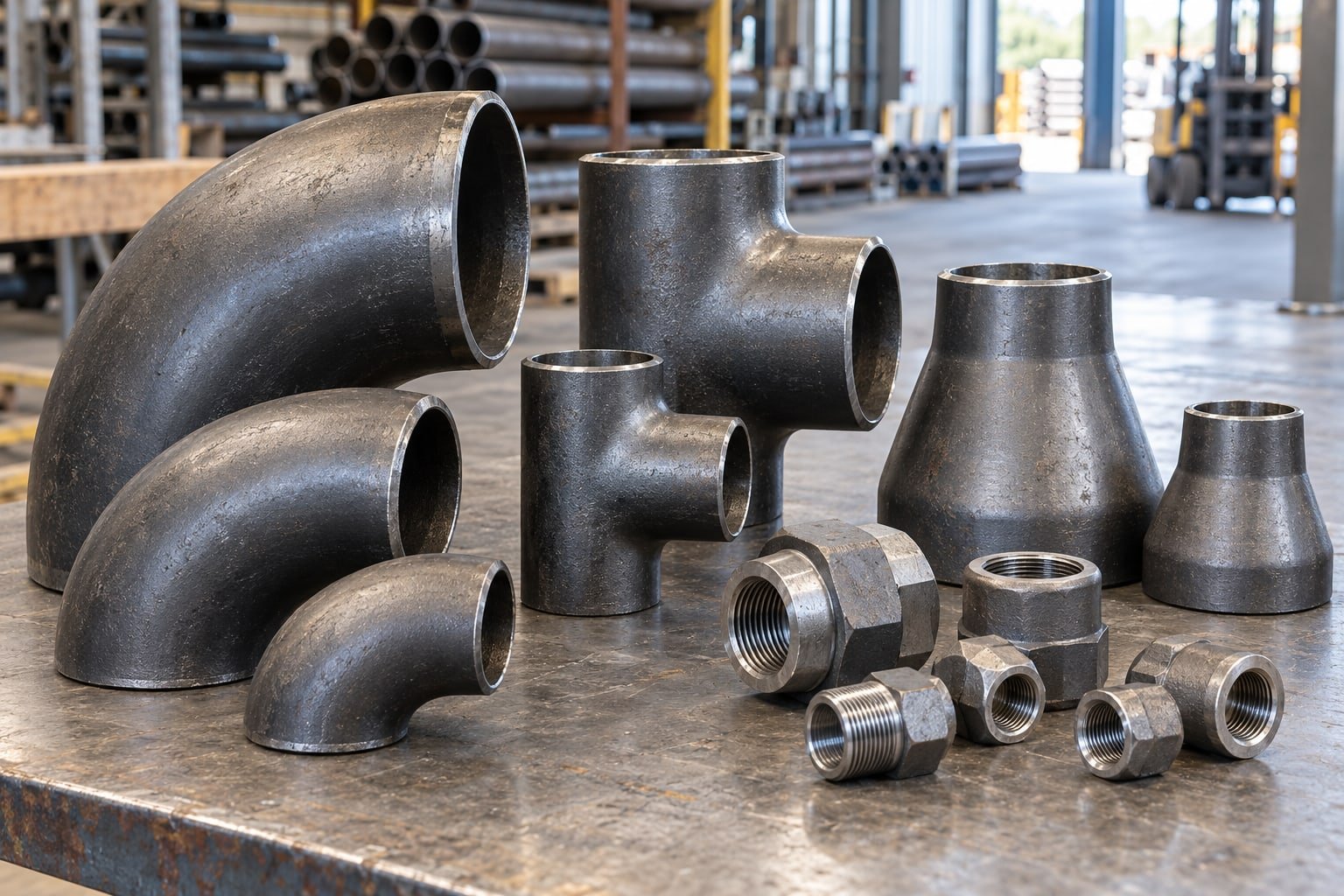 Steel butt-weld elbows, tees, reducers and forged threaded fittings on a workshop bench — illustrative image