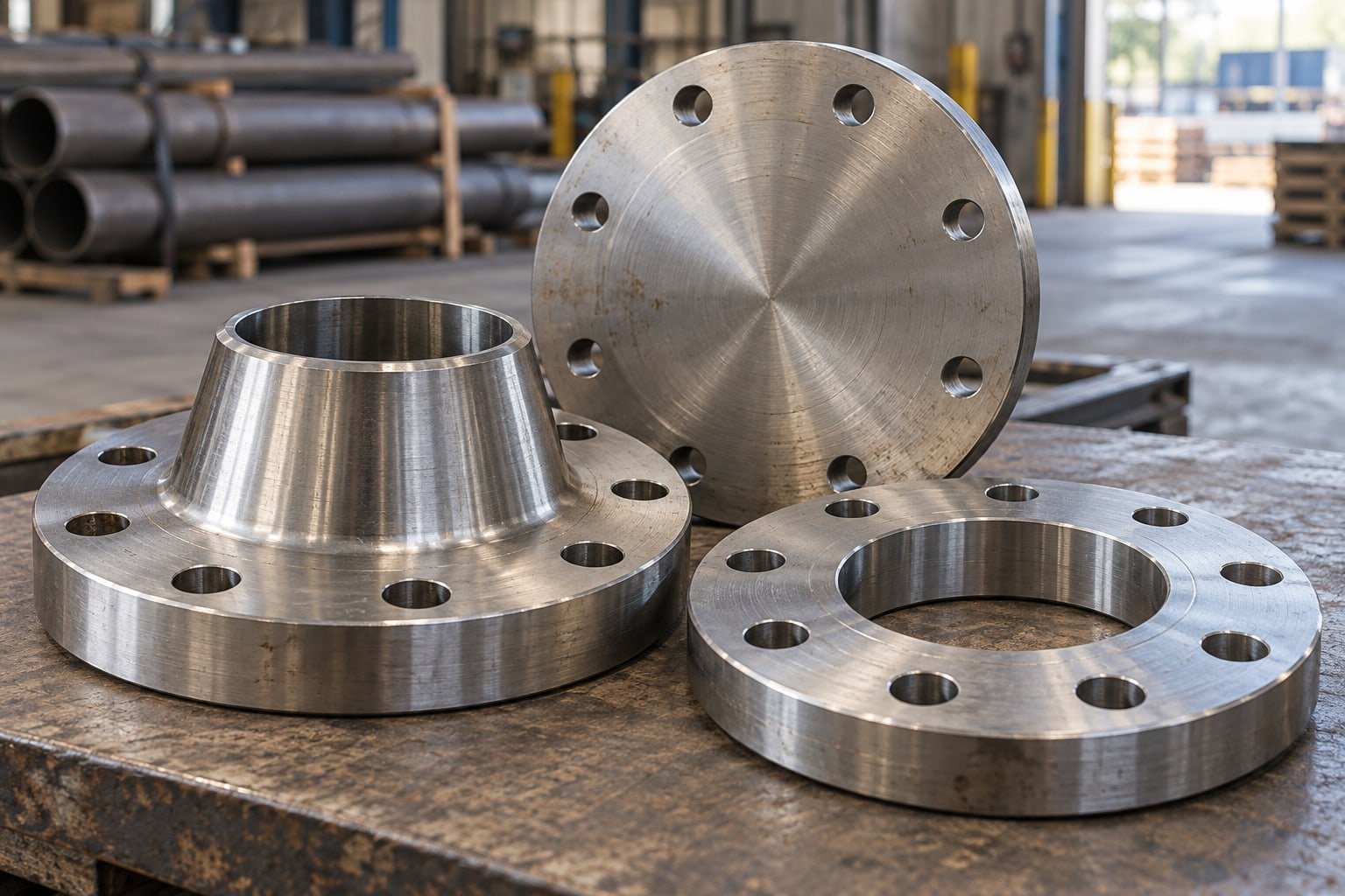 Steel weld-neck, slip-on and blind flanges with realistic circular bolt-hole patterns on a workshop bench — illustrative image