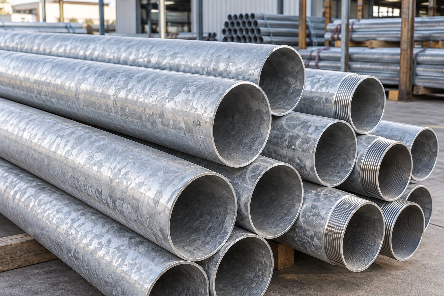Hot-dip galvanized steel pipes with mottled zinc texture, open ends and a small selection of threaded ends — illustrative image