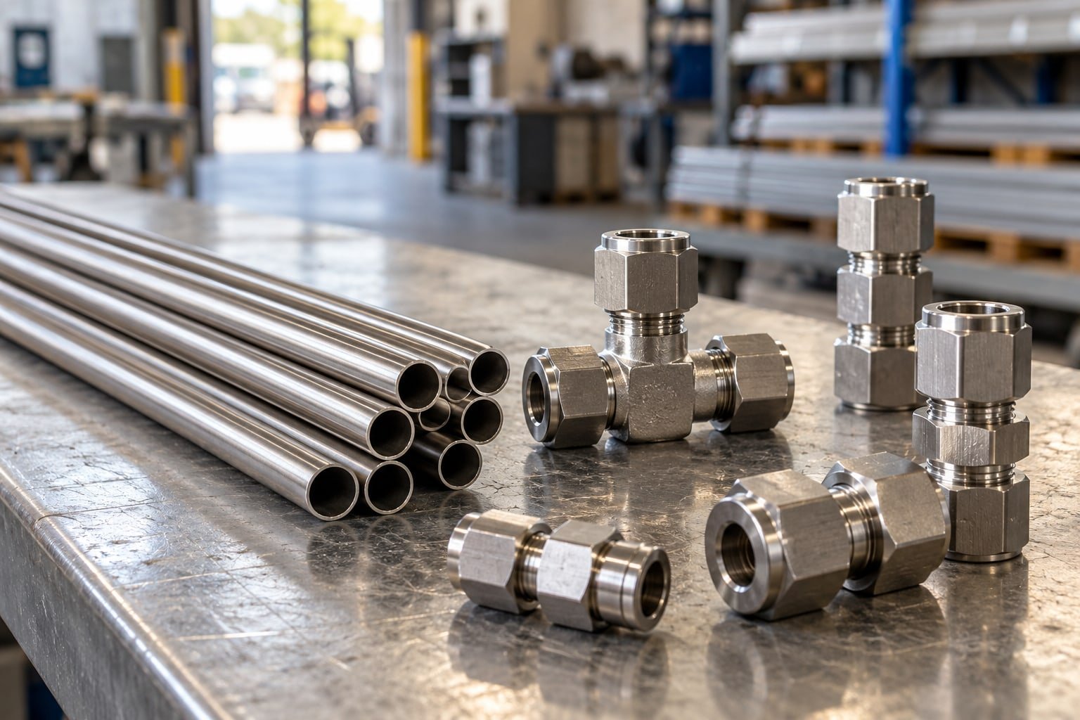 Small-bore straight stainless instrument tubes beside realistic twin-ferrule compression fittings on a clean workbench — illustrative image