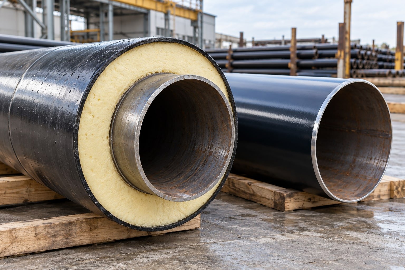 Pre-insulated pipe with one exposed cross section showing steel carrier tube, thick foam insulation annulus and black outer jacket; separately a coated steel pipe — illustrative image
