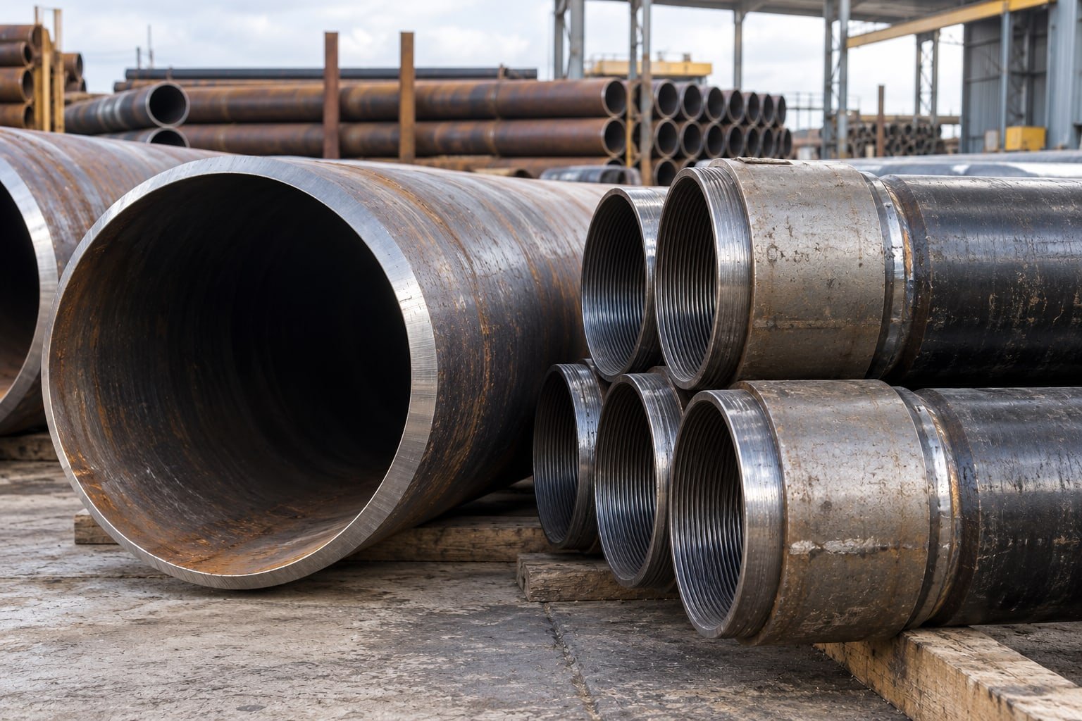 Large line pipe with bevelled ends alongside oilfield casing pipes with visibly thicker threaded couplings — illustrative image