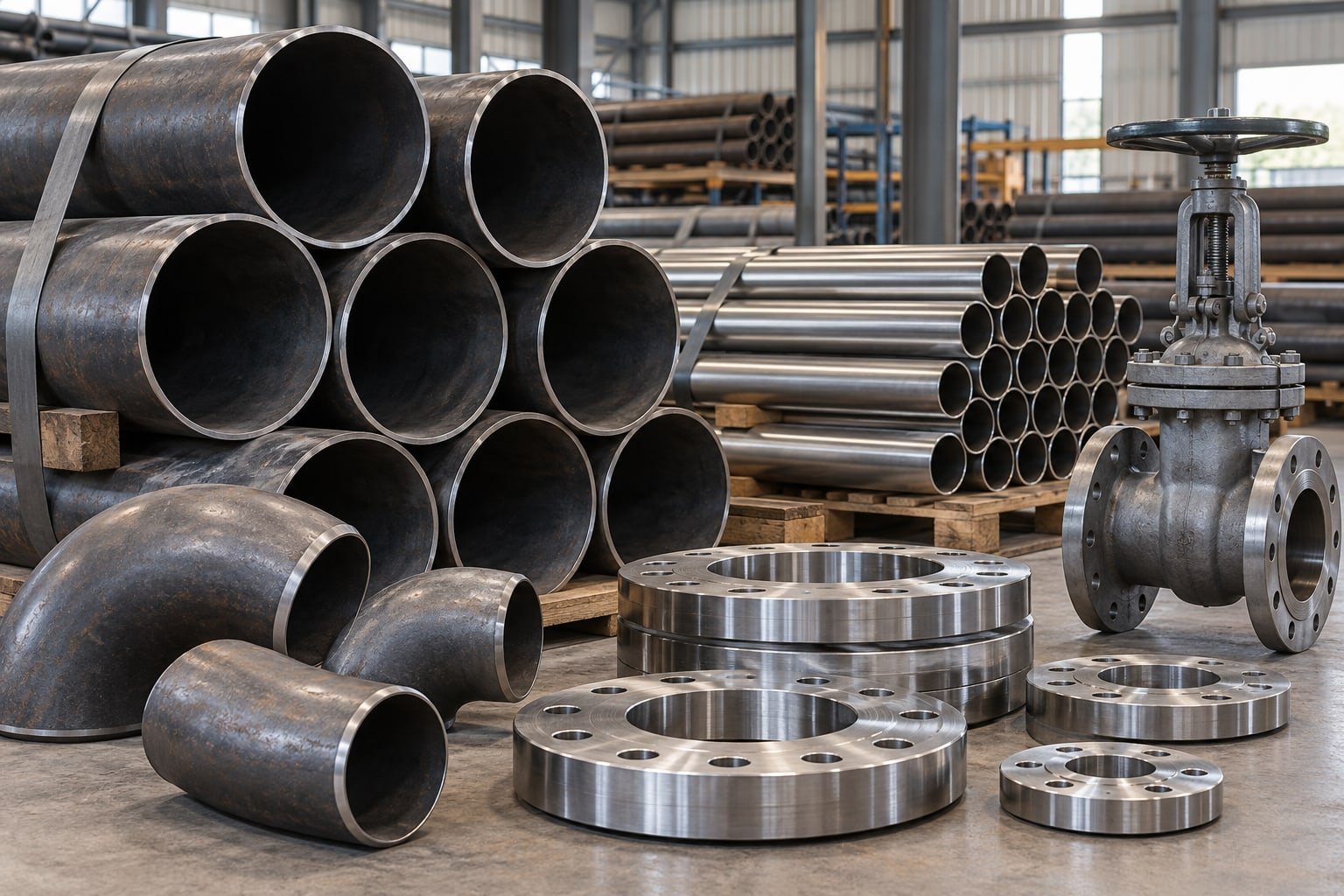 An assortment of carbon steel pipes, stainless tubes, weld elbows, bolt-hole flanges and a handwheel gate valve — illustrative image