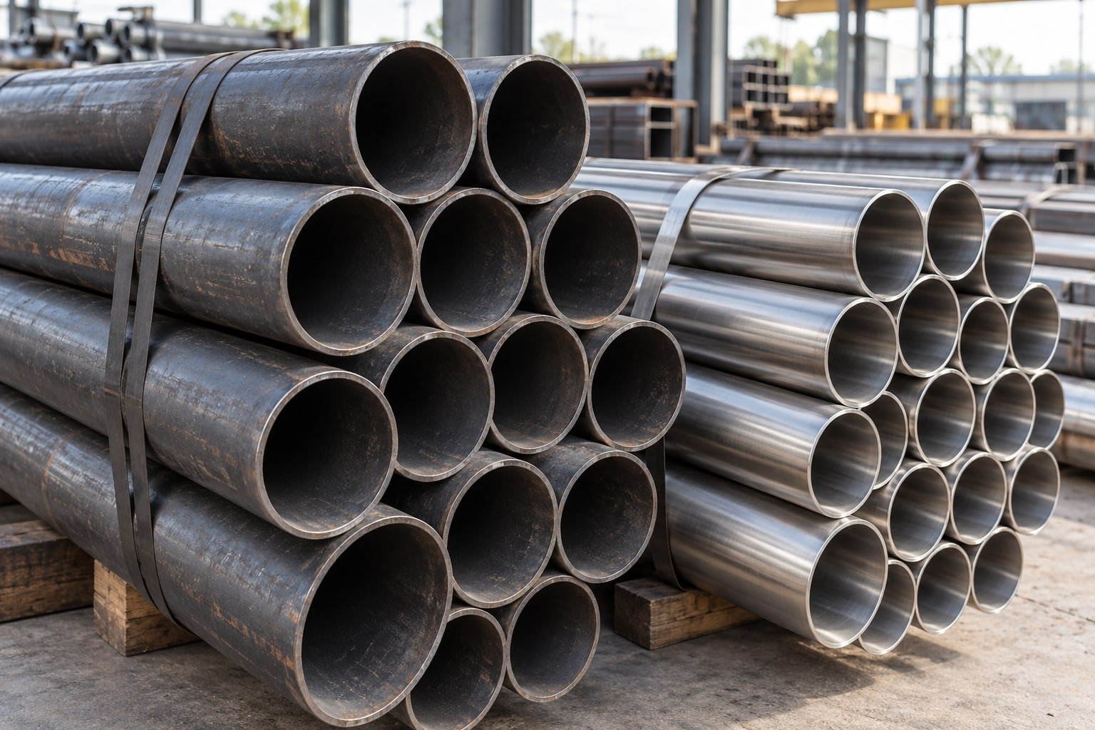 Bundles of dark carbon steel pipe and satin stainless steel tubes, open circular ends visible — illustrative image