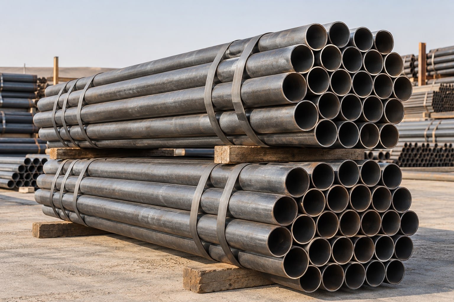 Bundled steel pipe supported on timber in a neutral Middle Eastern industrial loading yard, no recognizable premises or landmarks — illustrative image