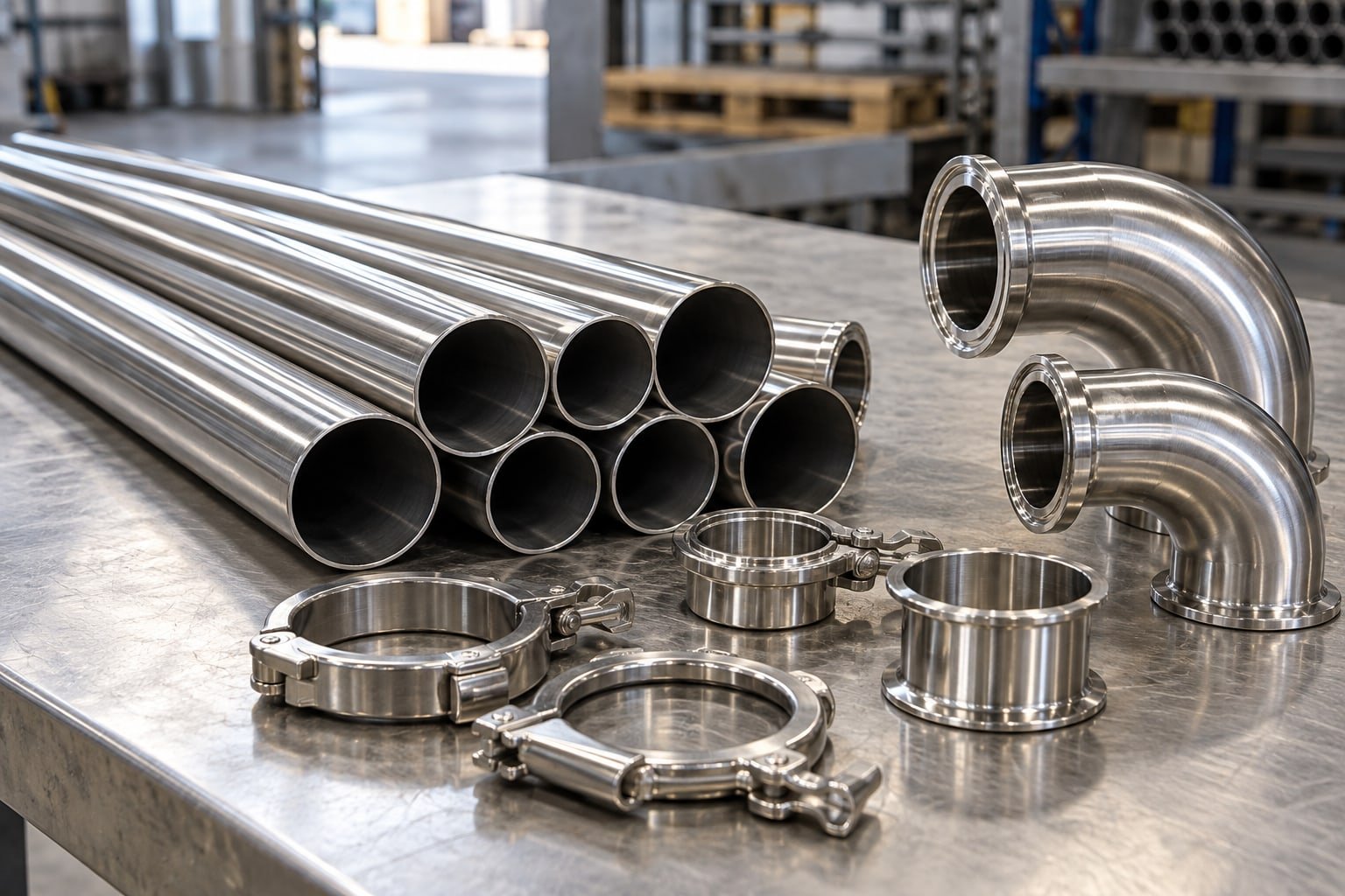 Polished stainless sanitary tubes alongside sanitary clamp fittings and hygienic elbows on a clean workbench — illustrative image