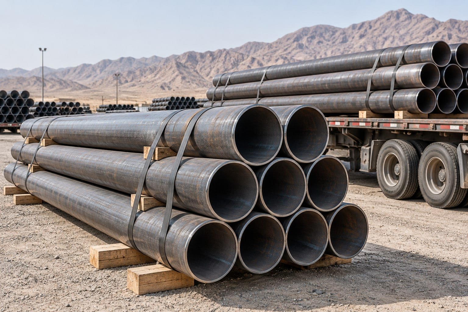 Heavy steel pipe bundles on timber dunnage beside a flatbed truck at an unbranded desert-region logistics yard — illustrative image