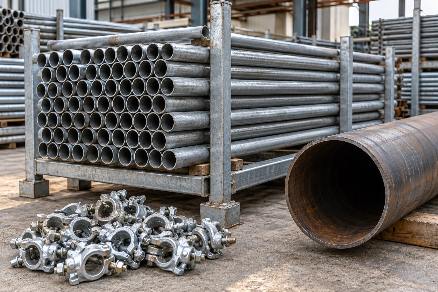 Steel scaffold tubes secured in racks with separate right-angle scaffold couplers and one large steel tubular pile, no people — illustrative image