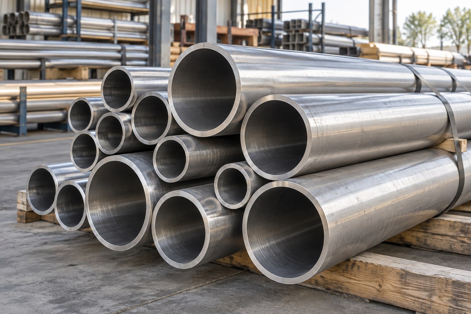 Unbranded silver nickel-alloy and titanium-type tubes, plausible metal surfaces, no text or grade claims — illustrative image