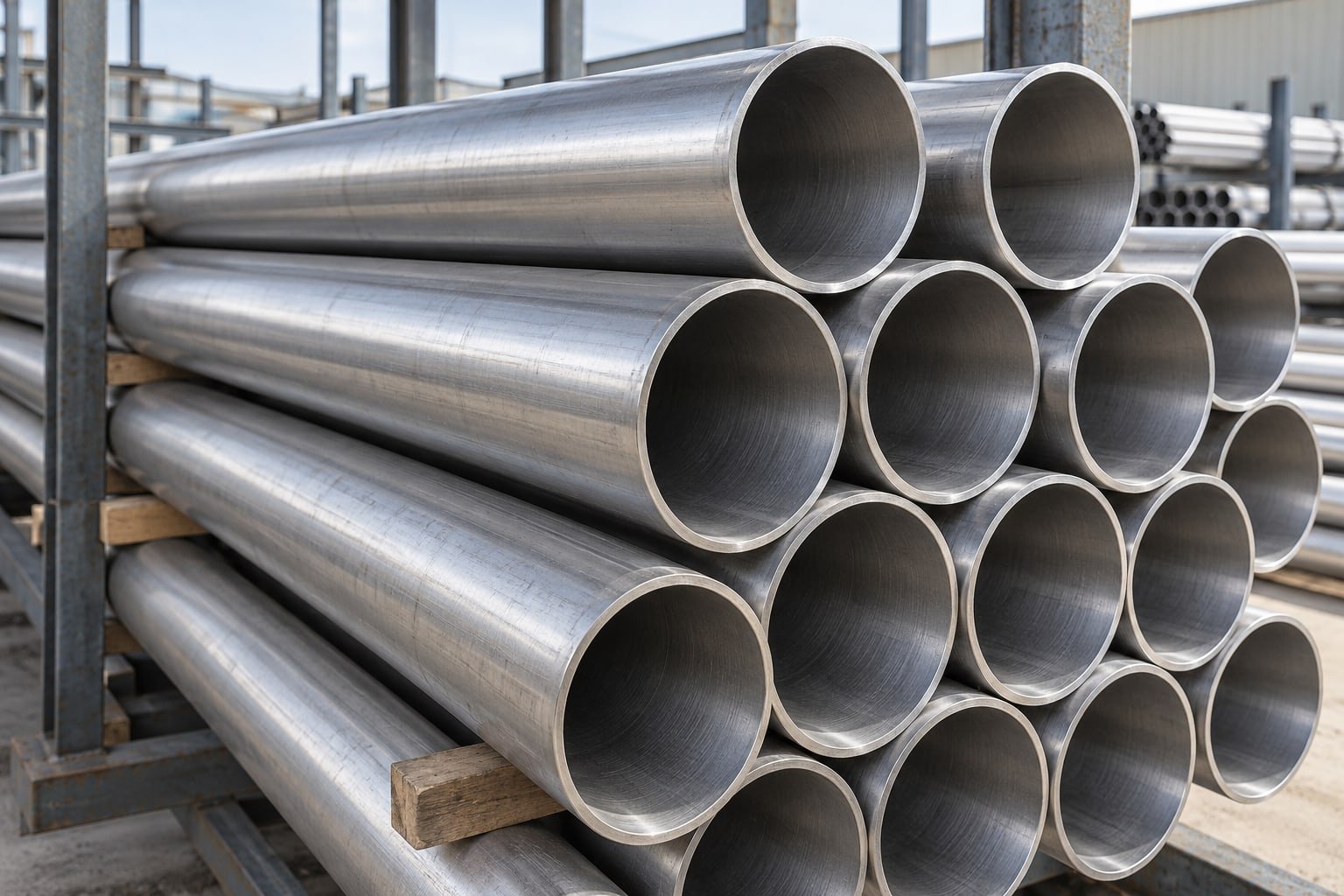 Satin stainless steel round pipes, silver metallic finish, open clean ends, neat rack — illustrative image