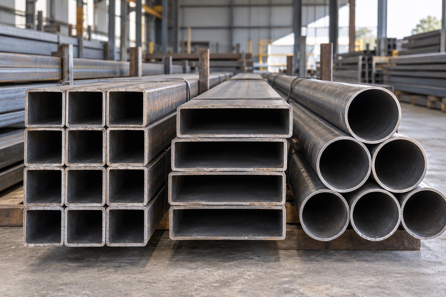 Open-ended square, rectangular and circular steel hollow sections neatly stacked, straight geometry — illustrative image