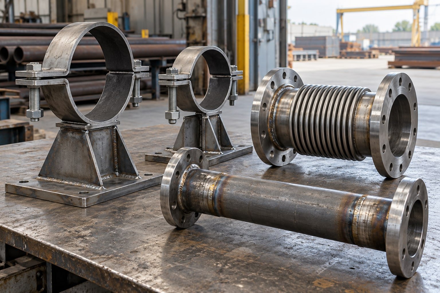 Fabricated steel pipe supports, a metal bellows expansion joint and a simple welded pipe spool on an industrial workbench — illustrative image