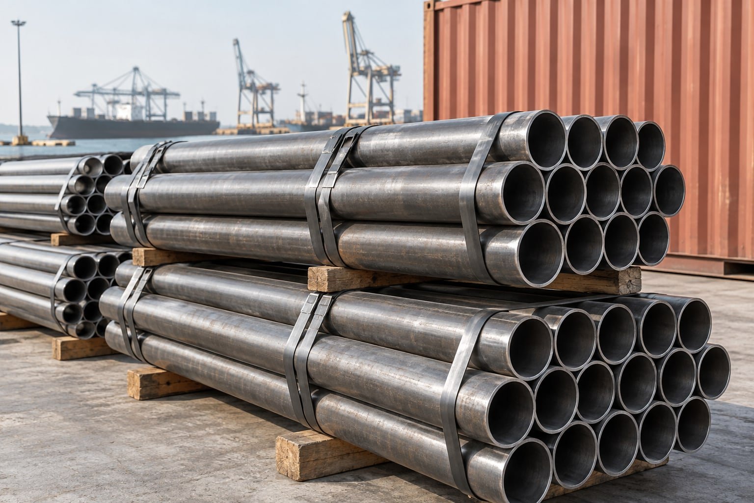 Steel pipe bundles secured with straps on timber dunnage beside a freight container at a generic Gulf logistics yard — illustrative image