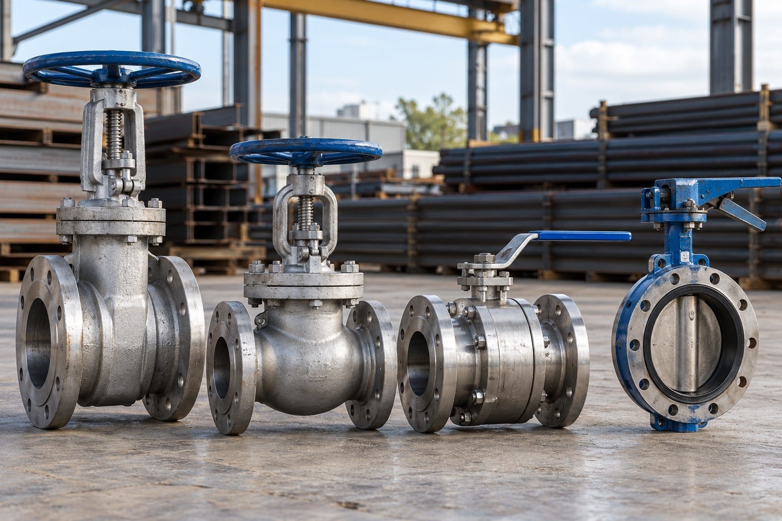 Separate industrial gate, globe, ball and butterfly valves with plausible bodies, flanged connections, handwheels and lever operators — illustrative image