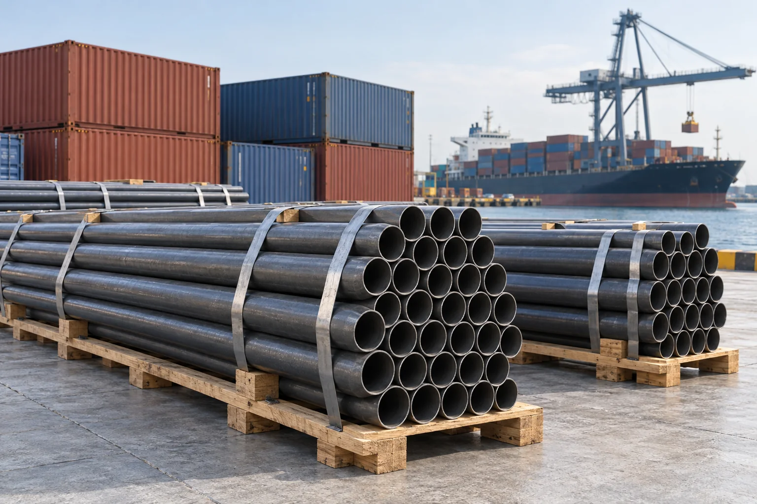 Representative steel pipe export cargo at a port — AI-generated representative image